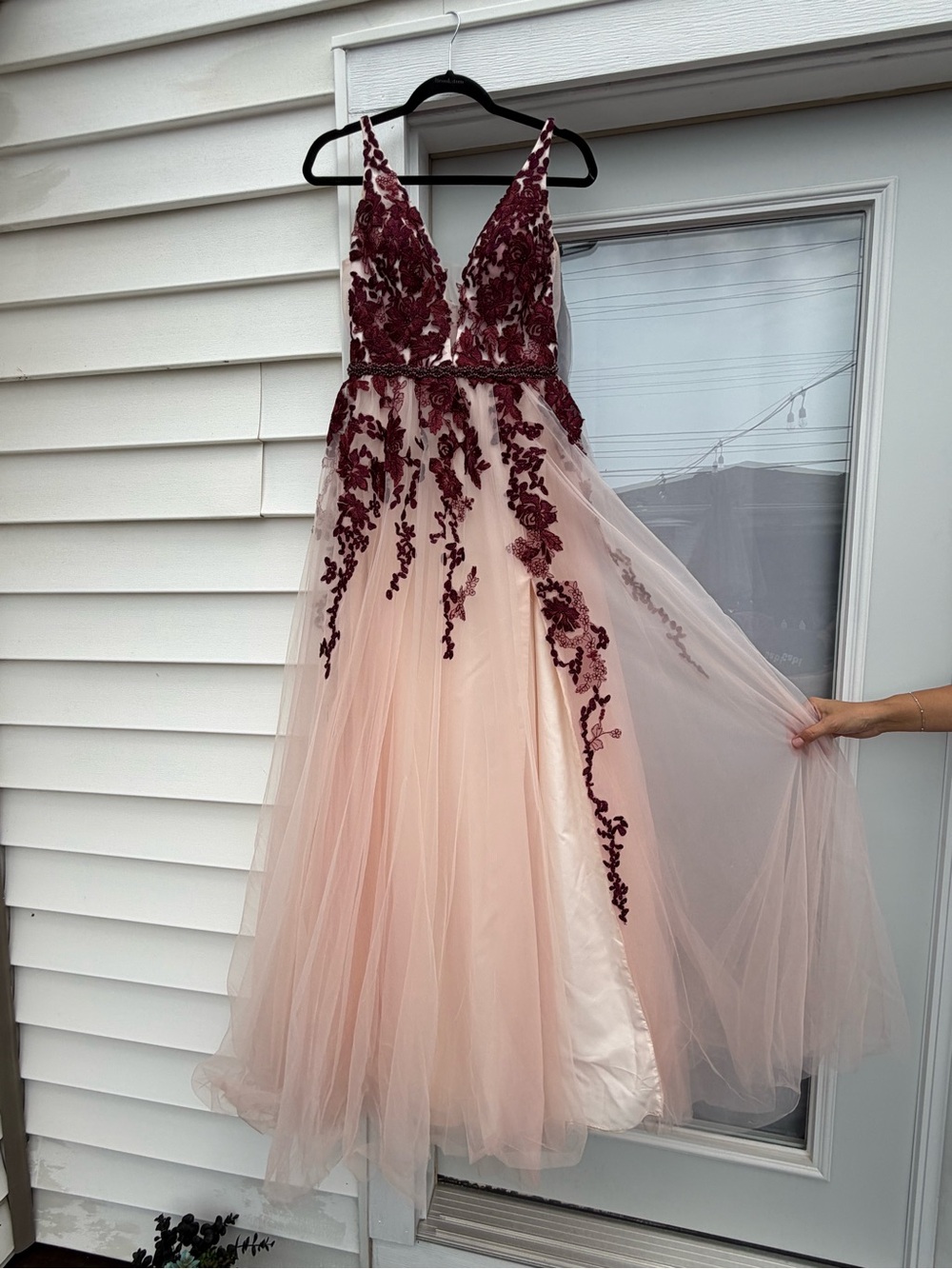 Alyce Paris Blush Pink Tulle Gown with Burgundy Lace Appliqué